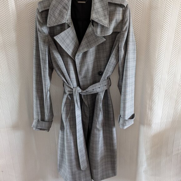 Elie Tahari Plaid Double Breasted Trench Coat Size Large Grey Preppy Classic - Picture 14 of 16